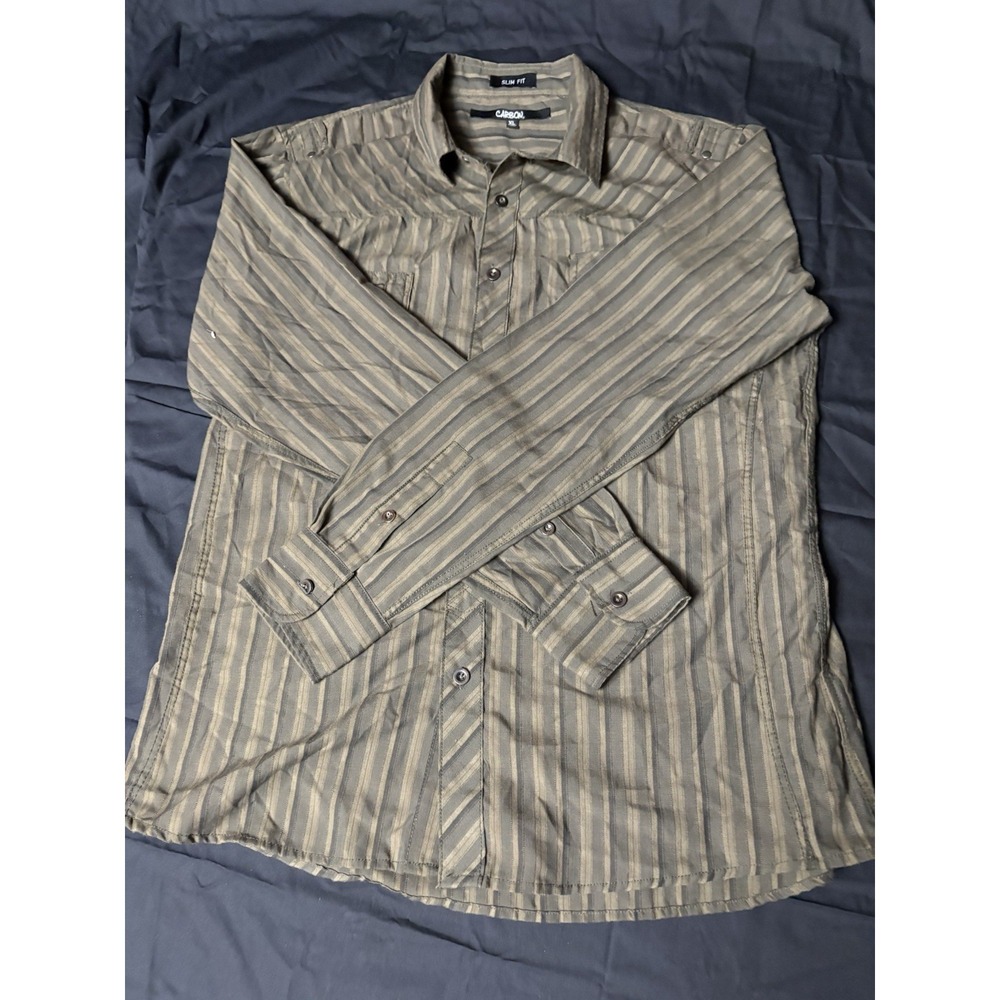Carbon Mens Slim Fit Long Sleeve Striped Button Up Shirt Olive Brown XL